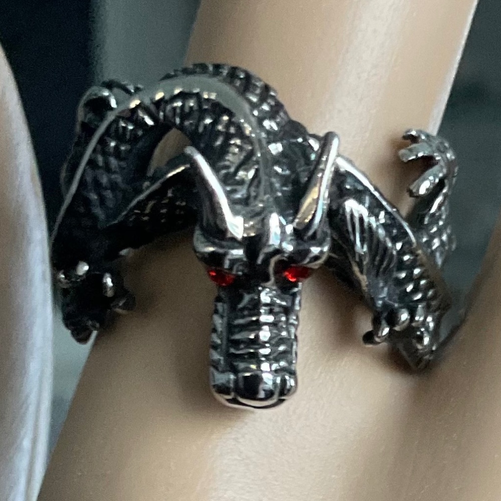 Stainless Steel Dragon Ring /w Red Rhinestone Eyes size 9 US